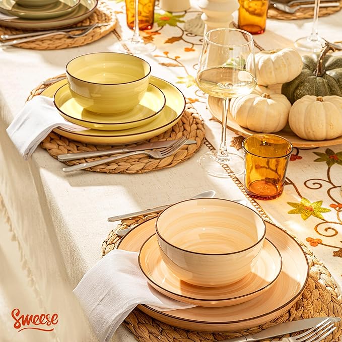 Sweese Plates and Bowls Sets, 18 Piece Dinnerware Set Porcelain Round Dinner Set for 6, Scratch Resistant Dishes Set, Dishwasher and Oven Microwave Safe Handpainted Swirl Dishware Sets, Assorted Green