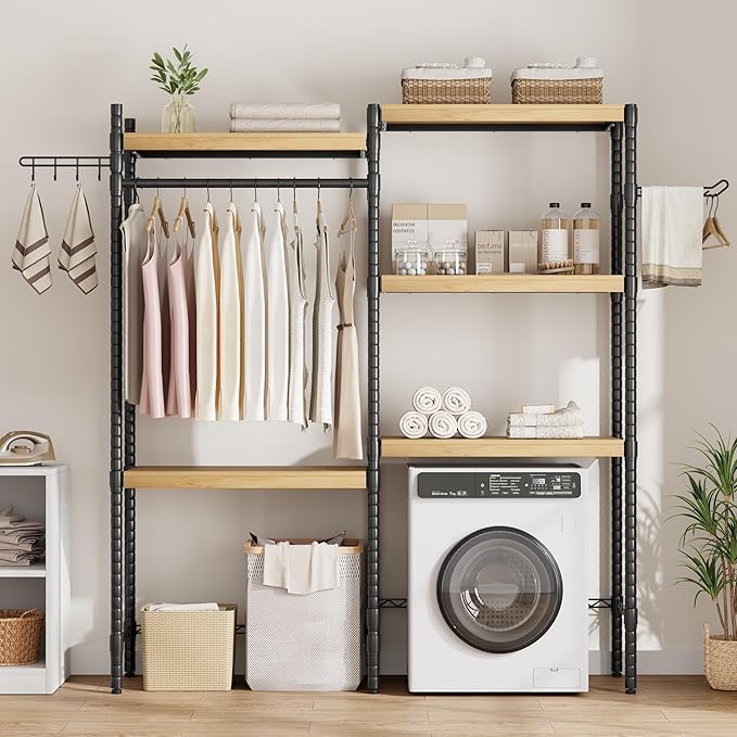 5-Tier Over-The-Washer Shelf - Adjustable 28" Laundry Organizer with 100lb Double Wood Shelves, Space-Saving Storage Unit for Small Homes (Natural & Black)