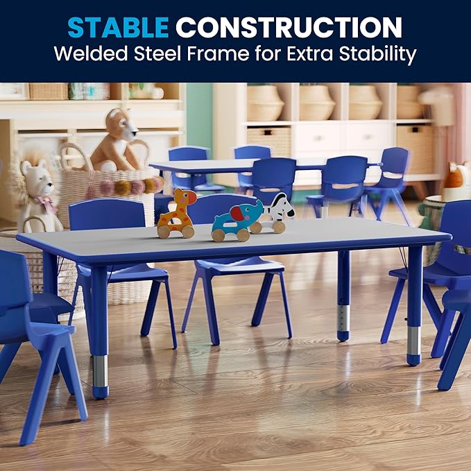 Flash Furniture Wren Adjustable Classroom Activity Table for School and Home, Plastic Activity Table for Kids, 23.625" W x 47.25" L, Gray/Blue