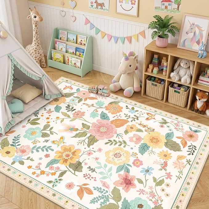 RELEANY Floral Washable 9x12 Area Rugs Beige/White/Orange | Flower Carpet Print - Image 6