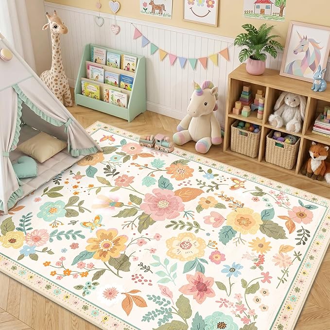 RELEANY Floral Washable 3x5 Area Rugs Beige/White/Orange | Flower Carpet Print - Image 8