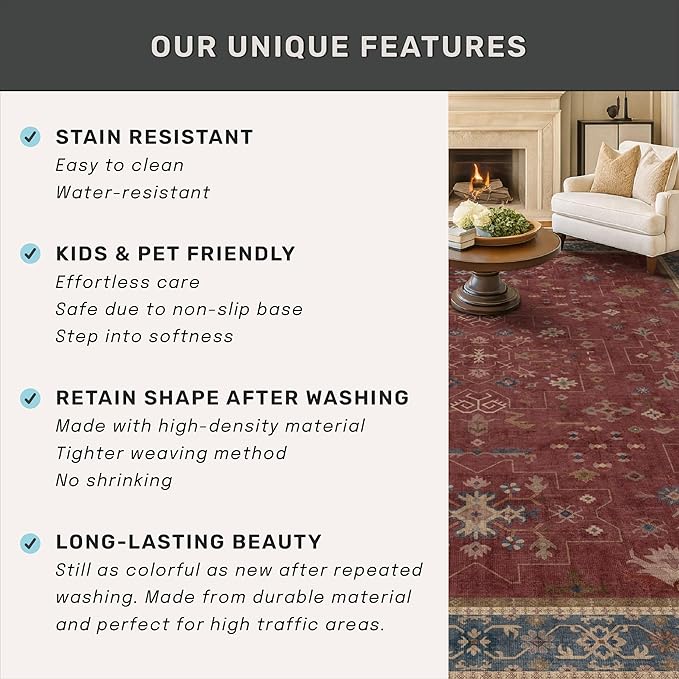 Burgundy 2x3 Washable Rugs for Entryway Indoor, Boho Kitchen Rug for Floor - Image 7
