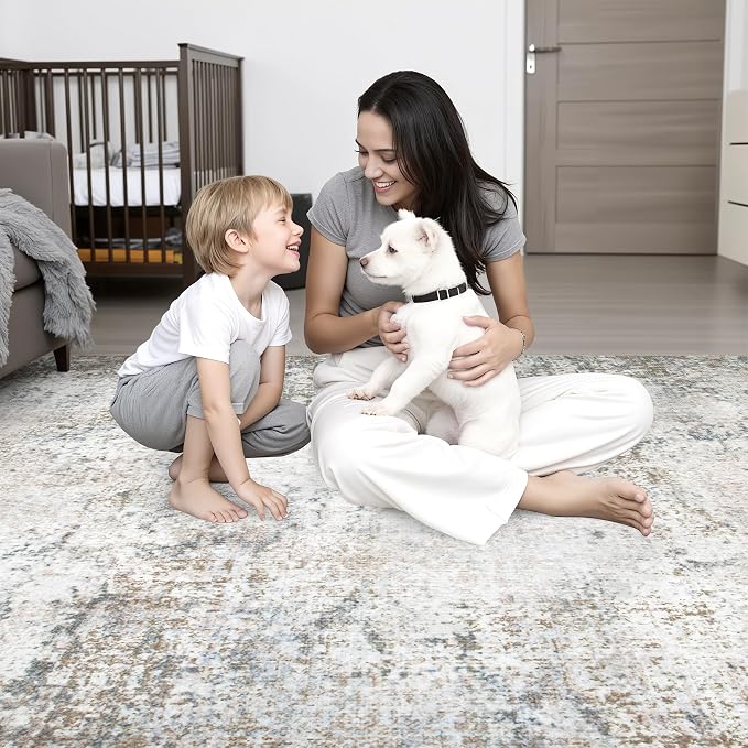 Round Area Rug Living Room: 4 ft Modern Washable Carpet Brown | - Image 7