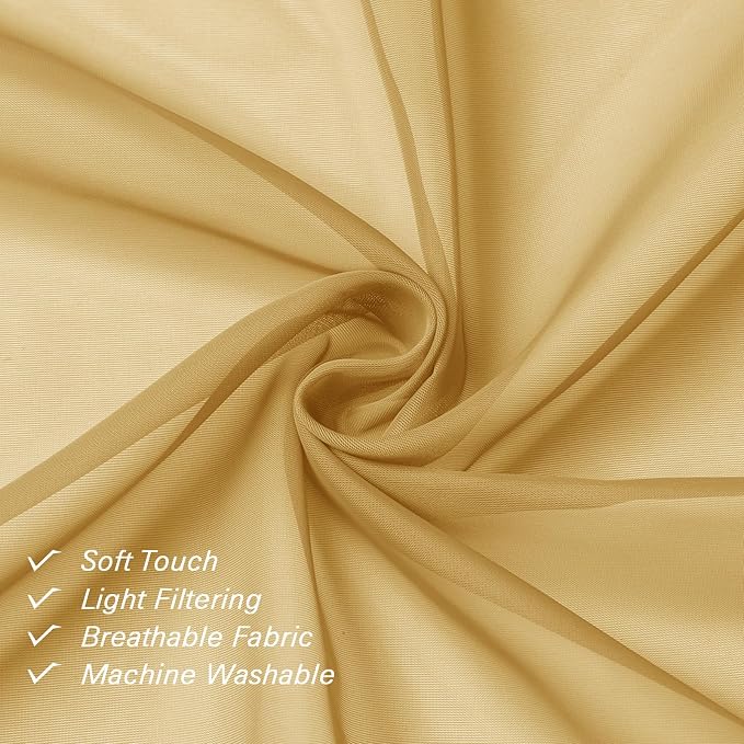 Lecloud Gold Sheer Curtains 90 Inches Long 2 Panels, Breathable Solid Voile - Image 2
