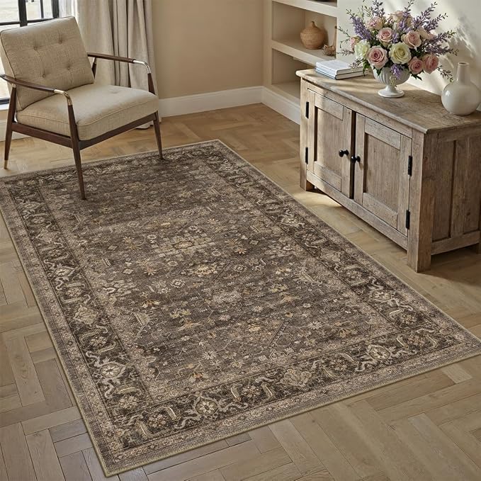 4x5 Washable Area Rug for Living Room Bedroom Vintage Brown Soft Low Pile - Image 5