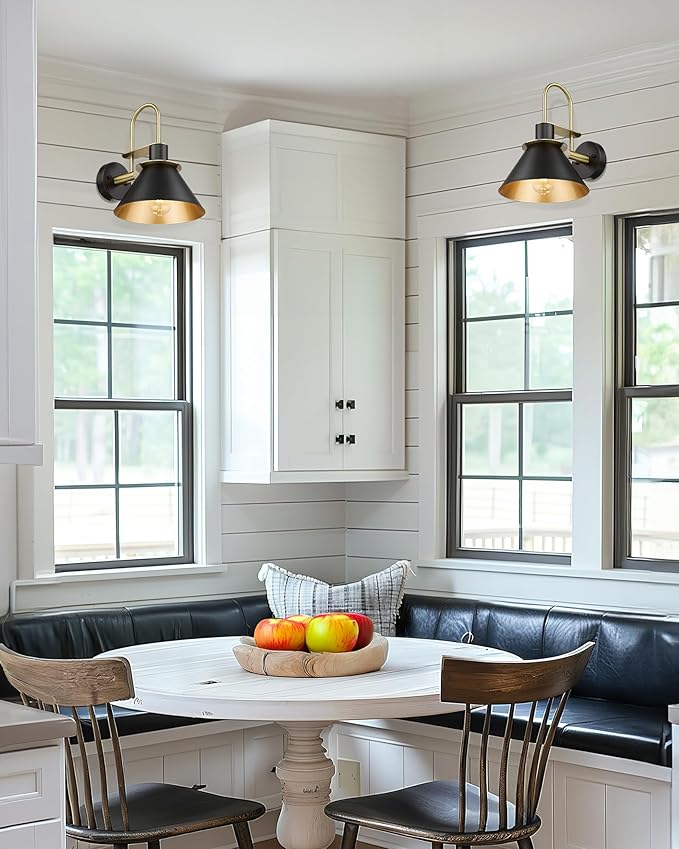 Wall Sconces Set of Two, HWH Modern Sconce Wall Lighting, 1-Light Gooseneck Barn Vanity Light, Industrial Wall Lamp for Bedroom Kitchen Bathroom, Black and Gold Finish, 5HZG56B-2L BK+BG