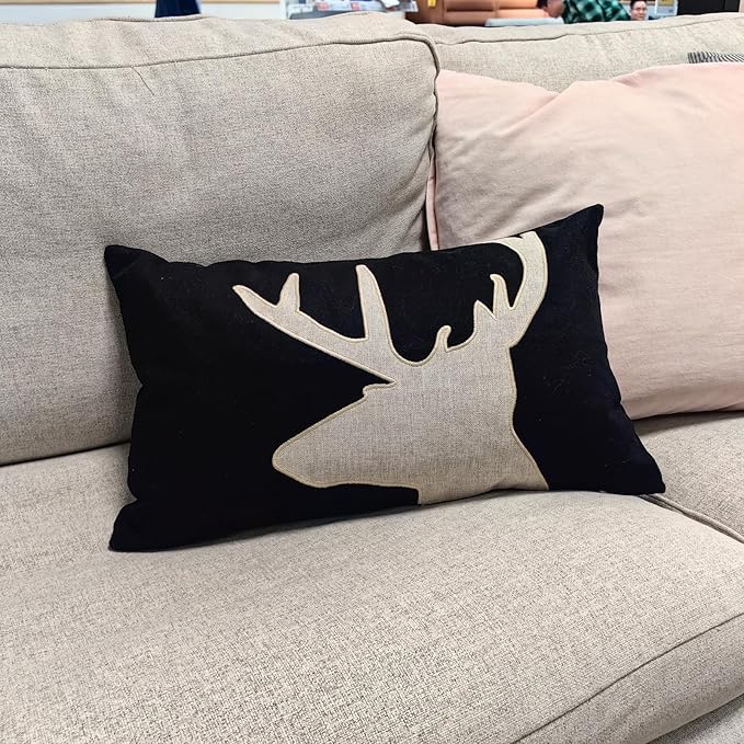 Lumbar Pillow Covers 12x20 Inches Black Decorative Cotton Linen Deer HeadThrow Lumbar Waist Embroidered Cushions Covers for Couch Sofa Bedroom