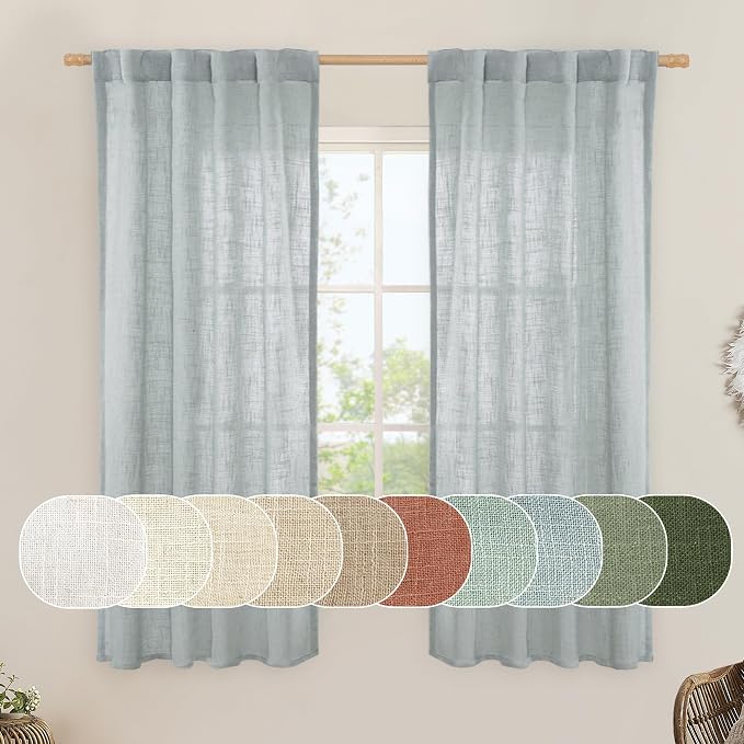 LAMIT Greyish Blue Linen Curtains 63 Inches Long, Semi Sheer Light Filtering by LAMIT