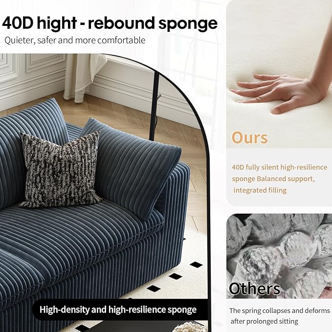 118" Cloud Couch Oversized Modular Sectional Sofa for Living Room,Modern Sofa with Deep Seat，6 Seater Boneless Couch,Comfy Upholstered Corduroy Couches for Apartment, Studio, Office,Bedroom，Blue