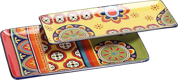 Bico Tunisian Ceramic 14 inch Rectangular Serving Platter, Set of 2, for Serving Salad, Pasta, Cheese, Ham, Appetizer, Microwave & Dishwasher Safe
