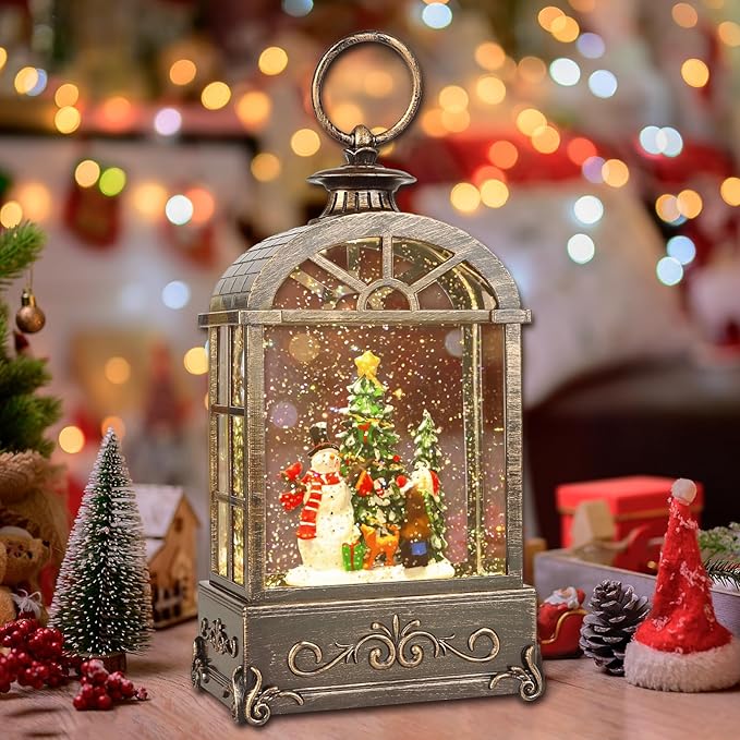 Christmas Snow Globes Lantern,Musical Snow Globes,Christmas Decorations Indoor for Home,Battery Or USB Powered,with 6 Hour Timer,Christmas Lantern for Festival Decoration,Snowman Child