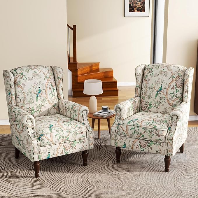 UIXE High Back Accent Chairs Set of 2, Fabric Upholstered Armchair for Living Room, Retro Printed Wingback Arm Chair Rivet Trimed Single Sofa Bedroom Reading Seat - Bird Floral