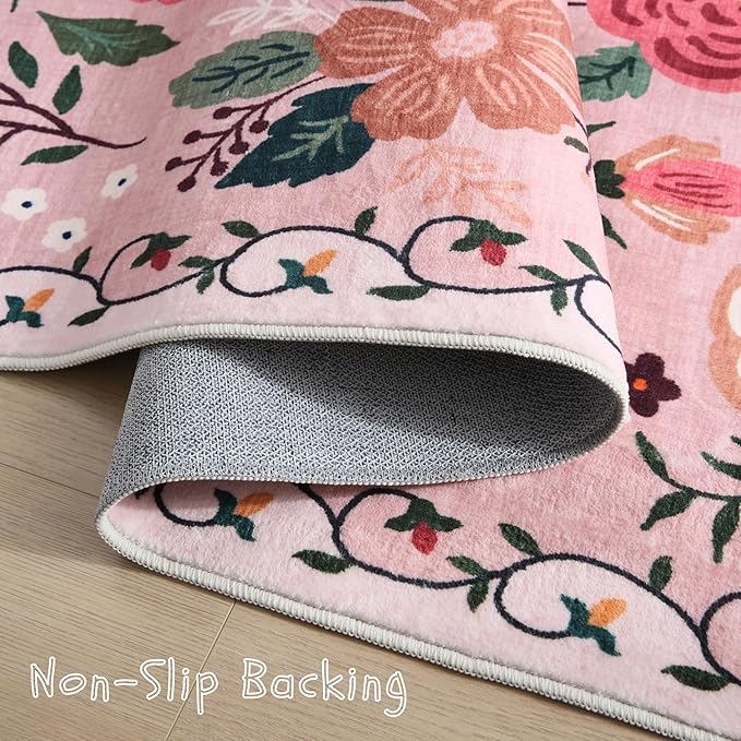 Area Rug 4x6 Rug Washable Boho Rugs Non Slip Low Pile Floral Small Carpet for Bedroom, Bedside, Kids Room, Office, Dining Room(Pink)