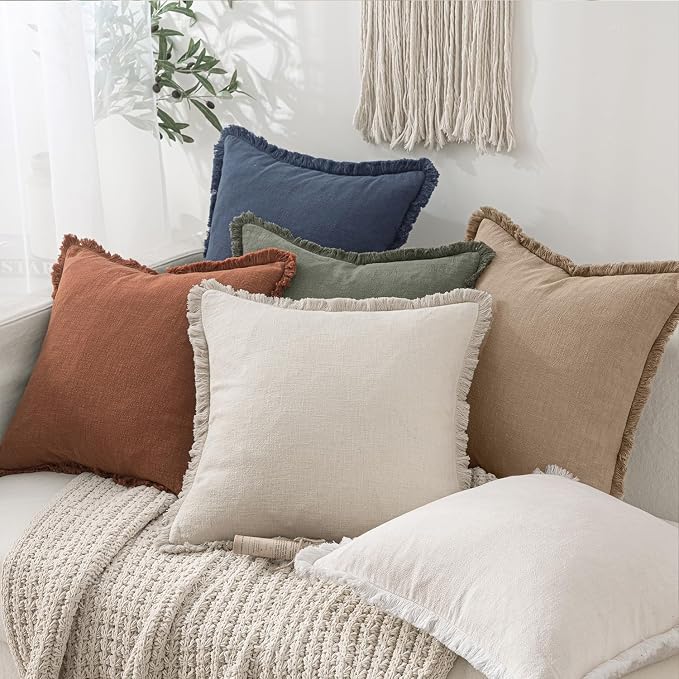 MIULEE Boho Linen Fringe Decorative Throw Pillow Covers Camel 18x18 | Set of 2 - Image 6