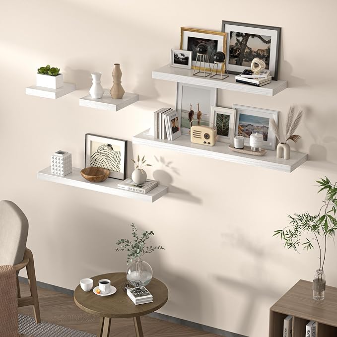 Square Floating Shelves for Wall, 8" W x 8" D x 1.2" H, Small Wooden Wall Mounted Display Shelves with Invisible Brackets for Living Room, Bedroom, Bathroom, Kitchen Decor, Set of 4, White