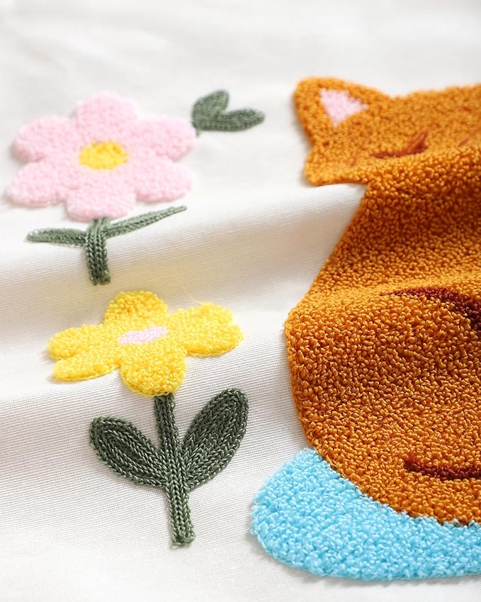 katre home madame & textile Cat Throw Pillow Cover – 100% Cotton Embroidered Decorative Cushion Case 18x18 – Handmade Punch Needle Pillow for Sofa, Bed, Couch or Gift for Cat Lovers