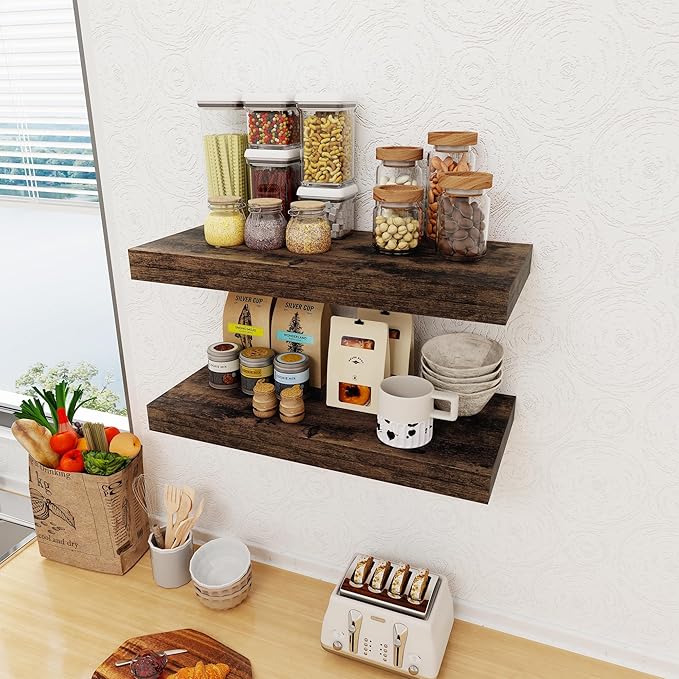 12 Inch Deep Floating Shelves, 24 x 12 Floating Shelf for Books, Rustic Wood Deep Wall Shelves for Home Storage & Display, 2" Thicked Shelves for Kitchen, Living Room, Bedroom, Rustic Brown, 2 Pack