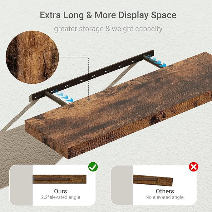 Floating Shelves 10 inches Deep, Long 36 x 10 x 1.8 Wall Shelves for Bedroom, Living Room, Kitchen, Office, Bathroom Farmhouse Shelf Home Decor with Invisible Bracket, Rustic Brown