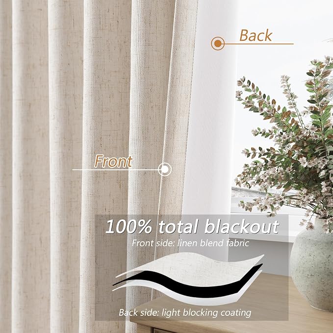 100% Blackout Linen Curtains 144 Inch Length 2 Panels Set - Image 3