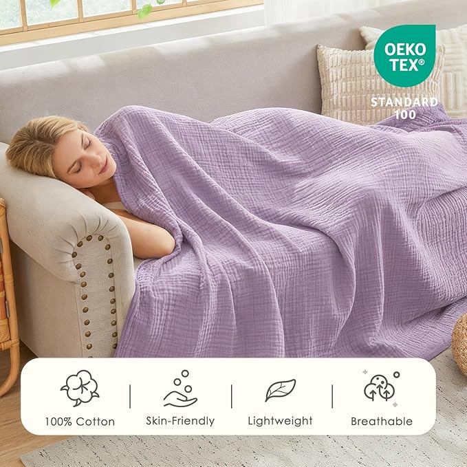 EMME Cotton Blanket Queen Size for Bed Soft Large Muslin Bed Blankets 90"x90" - Image 3