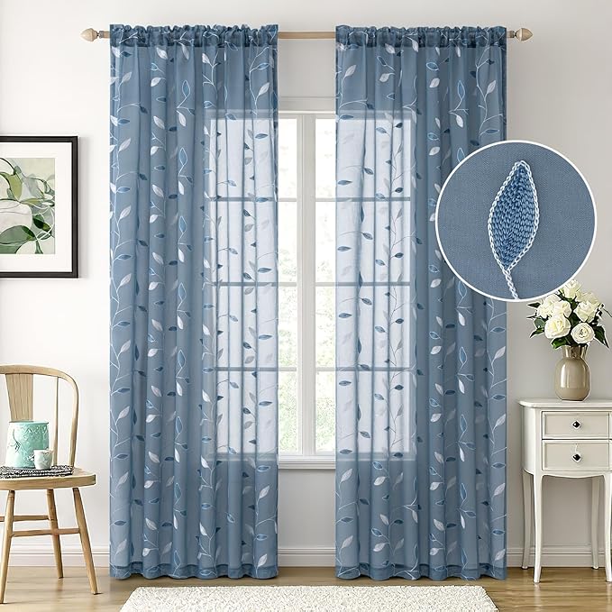 MIULEE Stone Blue Sheer Curtains 2 Panels Leaf Patterned, W52 x L84 | - Image 2