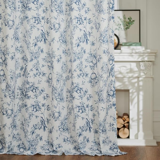 jinchan Linen Floral Curtains for Living Room 84 Inch Length Blue Printed - Image 6