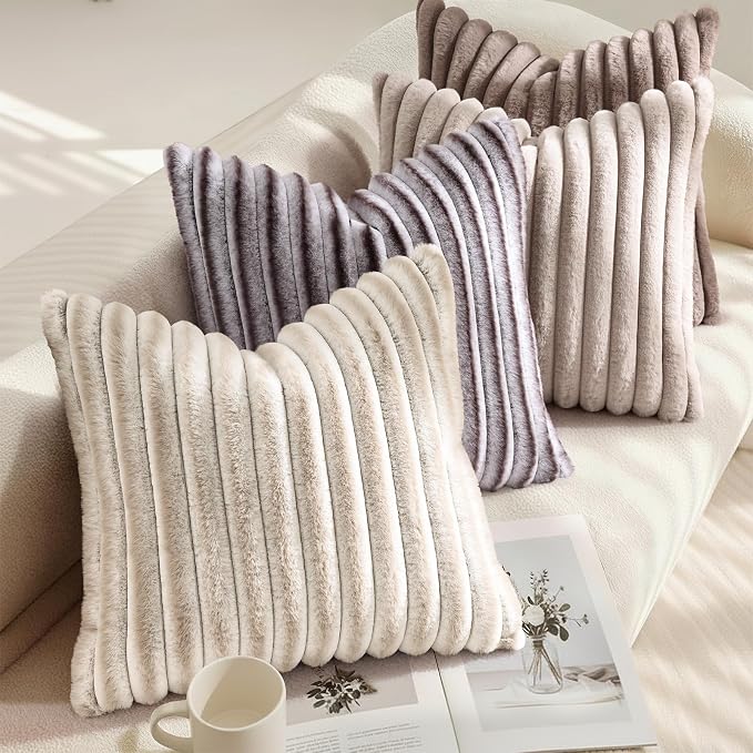 decorUhome Fall Faux Fur Throw Pillow Covers 18x18 Set of 2 Tan | Decorative - Image 4