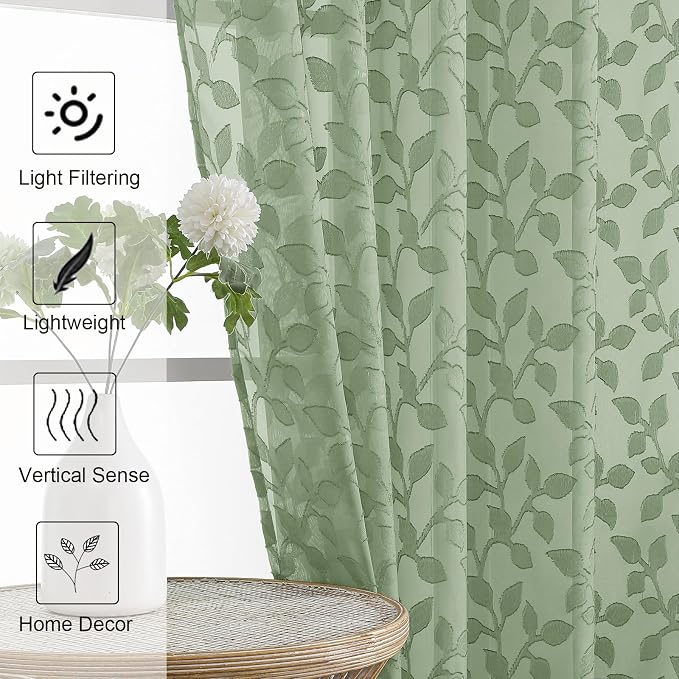 Chyhomenyc Sage Green Sheer Curtains 30 Inch Length, Light Filtering Leaf - Image 6