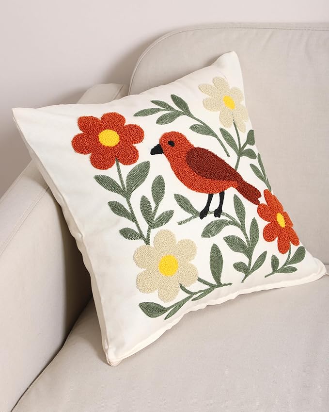 Throw Pillow Cover with Bird Embroidery – 18x18 inch Handmade Punch Needle Cushion Cover – 100% Cotton Decorative Pillow for Couch, Bed or Living Room – Boho Nature-Inspired Home Decor