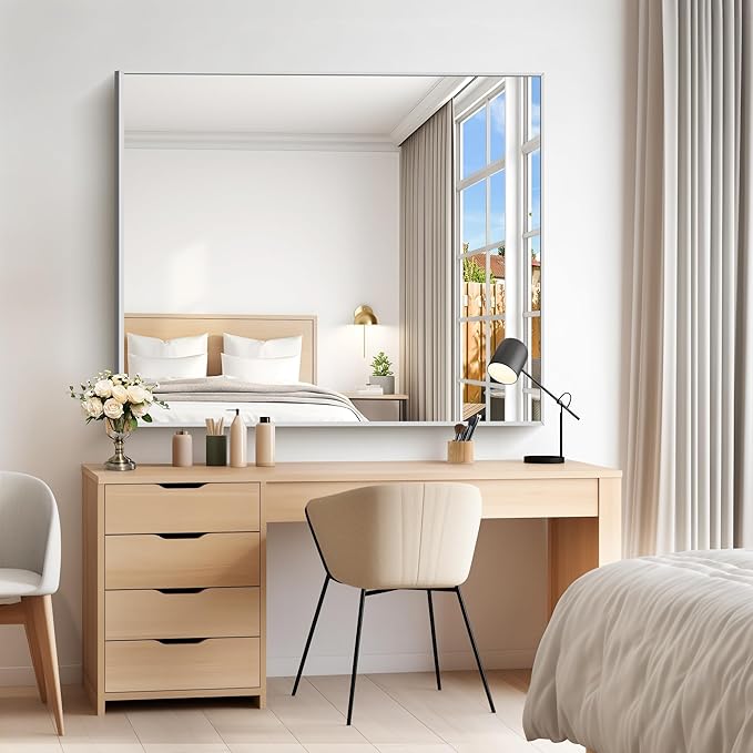 40x48inch Silver Bathroom Mirror, Silver Rectangle Mirror with Frame, Large Rectangular Wall Mirrors for Bathroom, Living Room, Hair Salon, Big Farmhouse Mirror Hang Horizontal/Vertical