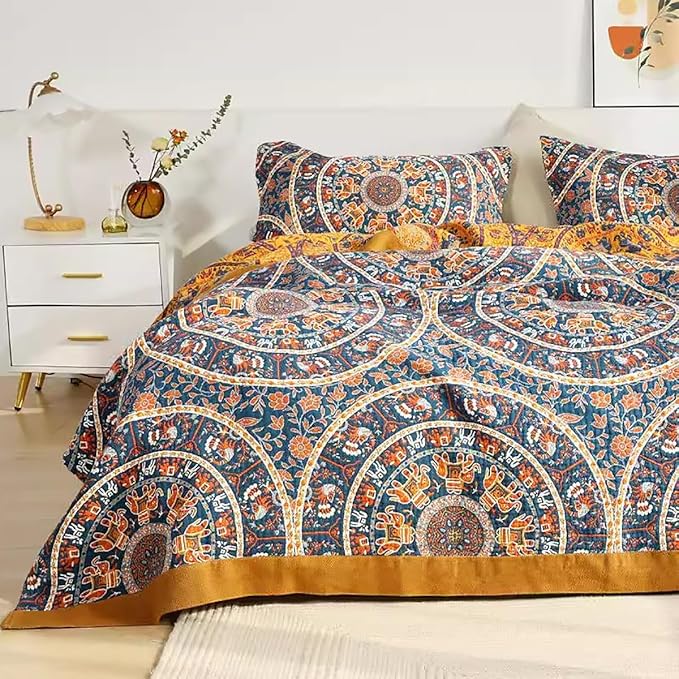 Boho Muslin Blanket for Adults 4-Layer Gauze 80 x 90 Inches Soft Cozy 100% Cotton Summer Cooling Blanket Circle Geometric Decor for Sofa Bed Coverlet Both Sides (A Luck Wheel, 80 x 90 in)