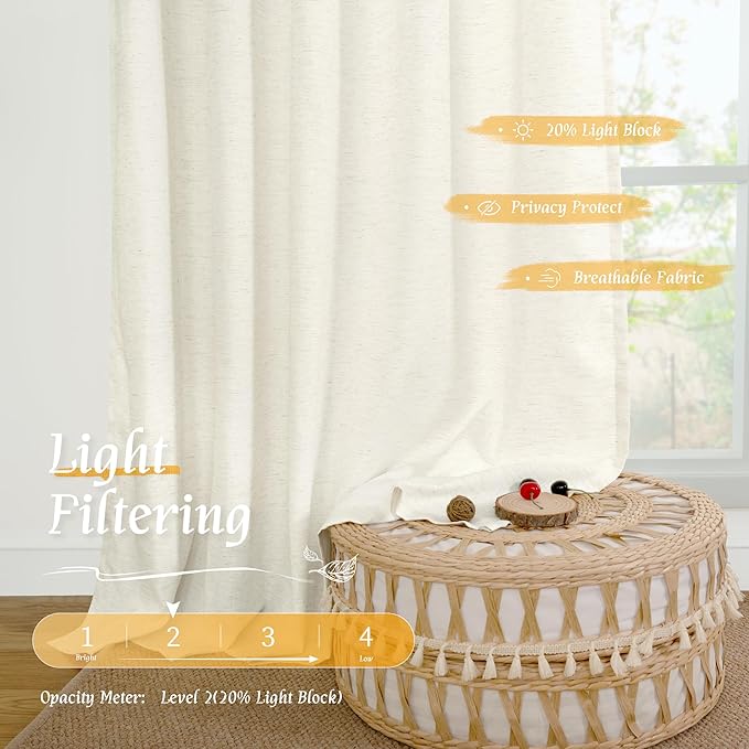 Light Filtering Cream Linen Curtains 48 Inch Length - Image 4