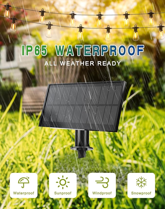 Solar String Lights Outdoor Waterproof 50FT with USB Port and 27 Shatterproof ST38 Bulbs(2 Spare), LED Solar Powered Patio Lights for Outside, Porch, Backyard, Bistro, Garden, Market - 2200K