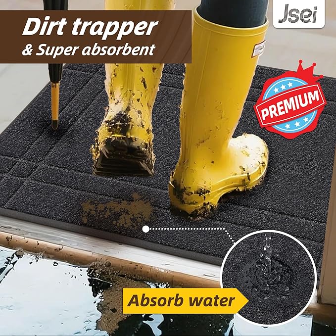 JSEI Entryway Rugs Doormat 32"x48", Non-Slip Dirt Trapper Door Mats Indoor, Washable Absorbent and Stain Resist Welcome Floor Mat for Front Door, Dog Door Mat, Muddy Wet Shoes & Paws, Dark Grey