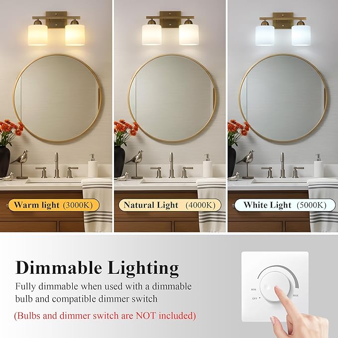 Stainless Steel Milk Glass Vanity Lights for Bathroom, 2 Light Brass Bathroom Light Fixtures Over Mirror, Ceramic E26 Sockets Wall Mounted