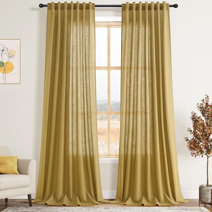 Nanspring Gold Linen Curtains 102 Inches Long Rod Pocket Back Tab Drapes 2 by Nanspring