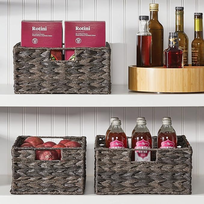 mDesign Woven Farmhouse Kitchen Pantry Food Storage Organizer Basket Box - Container Organization for Cabinets, Cupboards, Shelves, Countertops, Store Potatoes, Onions, Fruit, 6 Pack, Espresso Brown