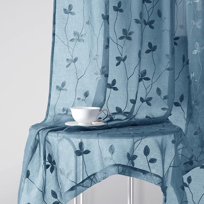 HOMEIDEAS Cyan Blue Sheer Curtains 52 X 84 Inches Length 2 Panels Embroidered - Image 7