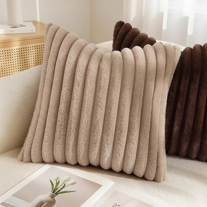 decorUhome Fall Faux Fur Throw Pillow Covers 18x18 Set of 2 Khaki Brown | - Image 4