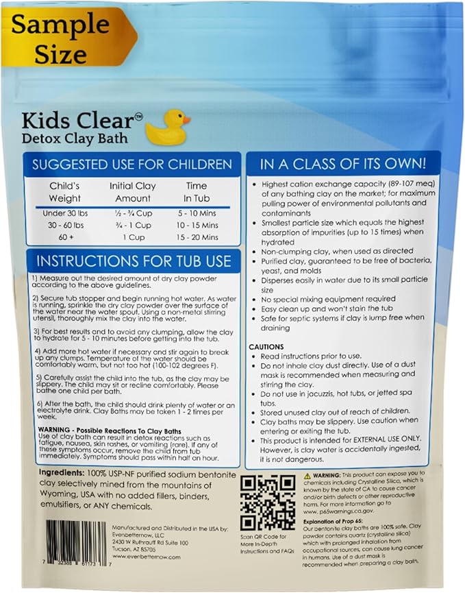 Kids Clear Detox Clay Bath, 100% Pure Sodium Bentonite - Cleansing and Purifying, by -Evenbetternow LLC – 0.5 lb (8 oz) Sample/Trial Size