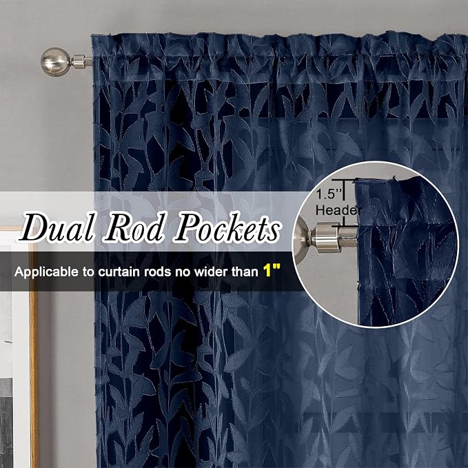 Lecloud Leia Jacquard Textured Sheer Navy Blue Curtains 72 Inches Long 2 Panels - Image 2
