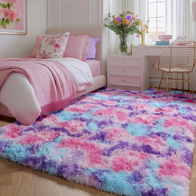 Vibrant Rainbow Purple Rugs for Girls Bedroom 5x8 Ft, Fluffy Pastel Girl Rug | - Image 2
