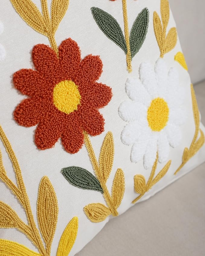 Throw Pillow Cover with Sunflower Embroidery – 18x18 inch Handmade Punch Needle Cushion – 100% Cotton Decorative Pillow for Couch, Bed or Living Room – Boho Floral Home Decor