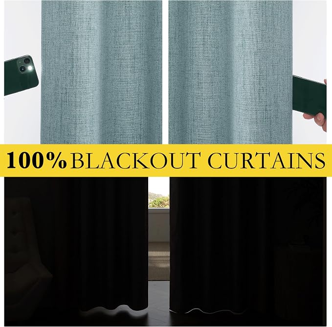 NICETOWN Skylark Blue Blackout Linen Curtains 95" Long, Rod Pocket Back Tab - Image 3