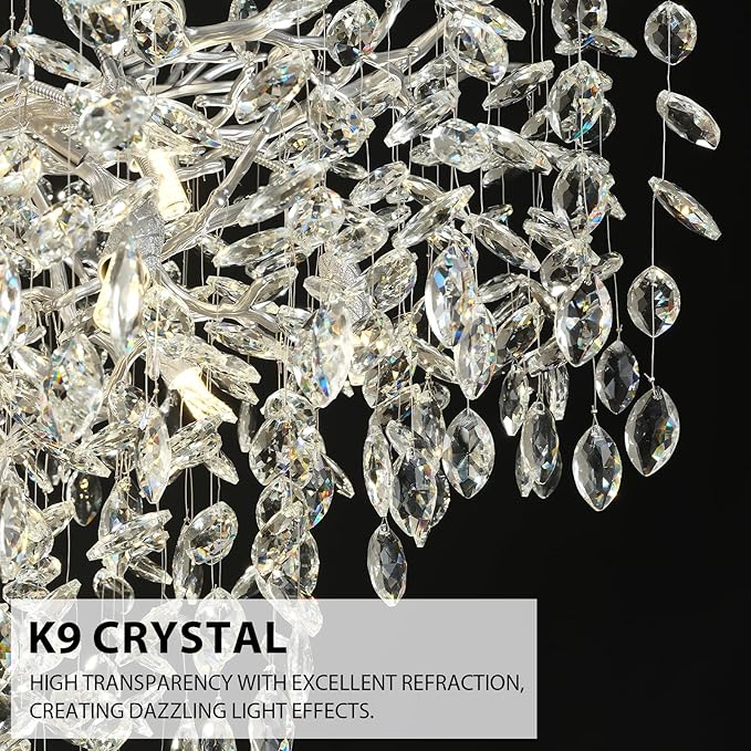 H61'' Modern Silver K9 Crystal High Ceiling Chandeliers, 23-Lights Staircase Chandeliers,Large Crystal Tree Branch Chandelier, D40'' Foyer Chandelier,for Living Room,Entryway