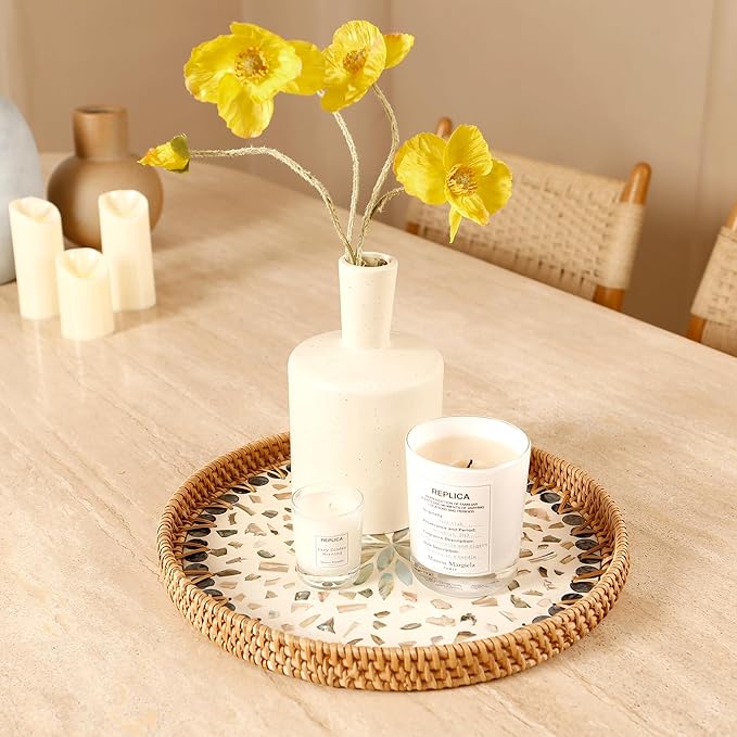 Round Rattan Tray with Mother of Pearl Inlay & Wooden Base - Decorative Wicker Serving Tray for Coffee/Bread/Fruits, Food Storage & Display - Multipurpose Home Decor (M,Fish Scales)