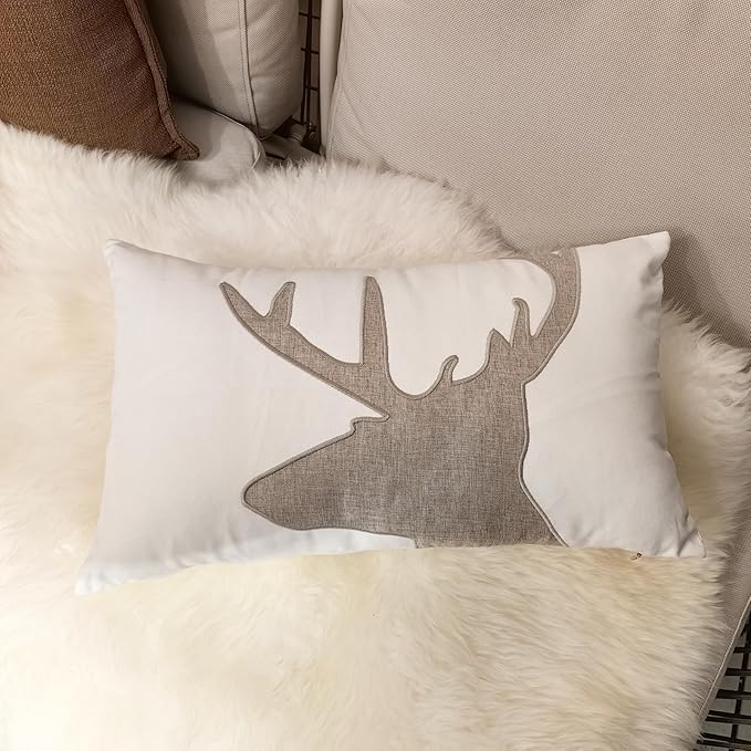 Lumbar Pillow Covers 12x20 Inches Deer Decorative Cotton Linen Deer Head Throw Lumbar Waist Embroidered Cushions Covers for Couch Sofa Bedroom White