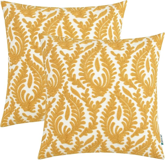 HWY 50 Mustard Yellow Decorative Throw Pillow Covers 18x18 Inch, Pack of 2 Embroidered Cotton Farmhouse Cushion Cover Pillow Case for Sofa Couch Living Room Bed Bedroon, Accent Branches