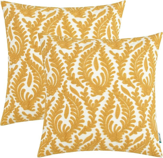 HWY 50 Mustard Yellow Decorative Throw Pillow Covers 18x18 Inch, Pack of 2 Embroidered Cotton Farmhouse Cushion Cover Pillow Case for Sofa Couch Living Room Bed Bedroon, Accent Branches