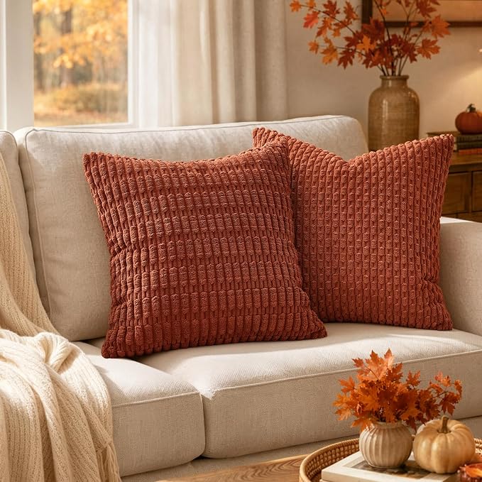 MIULEE Fall Corduroy Decorative Throw Pillow Covers 18x18 Rust Pack of 2 | - Image 2